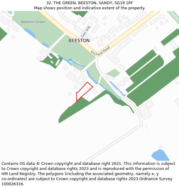 32, THE GREEN, BEESTON, SANDY, SG19 1PF: Location map and indicative extent of plot