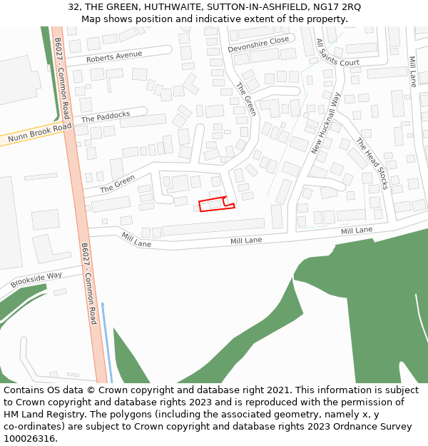 32, THE GREEN, HUTHWAITE, SUTTON-IN-ASHFIELD, NG17 2RQ: Location map and indicative extent of plot