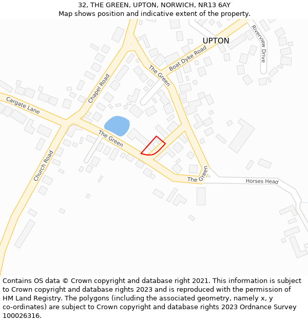 32, THE GREEN, UPTON, NORWICH, NR13 6AY: Location map and indicative extent of plot