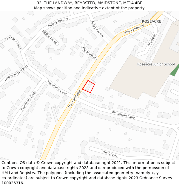 32, THE LANDWAY, BEARSTED, MAIDSTONE, ME14 4BE: Location map and indicative extent of plot