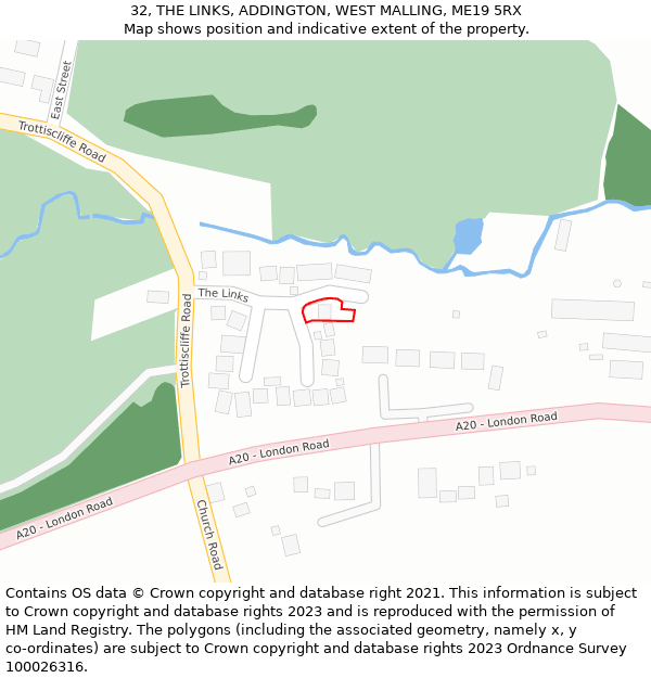 32, THE LINKS, ADDINGTON, WEST MALLING, ME19 5RX: Location map and indicative extent of plot
