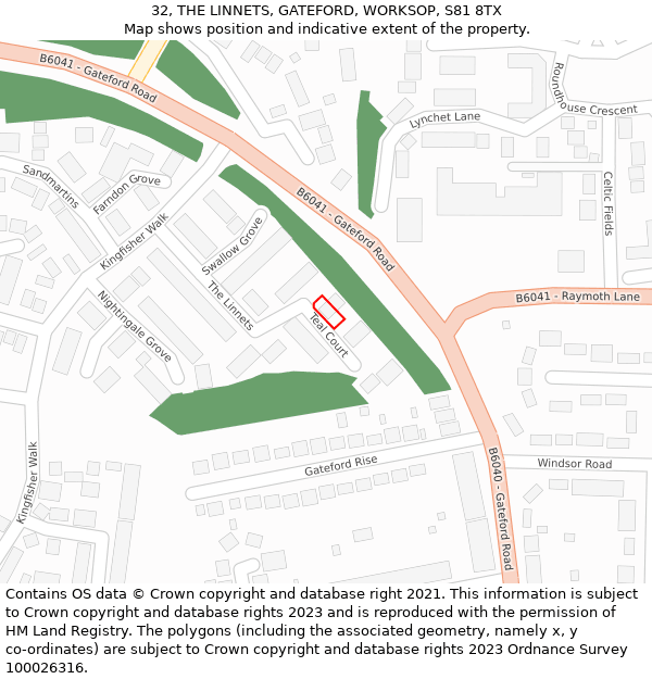 32, THE LINNETS, GATEFORD, WORKSOP, S81 8TX: Location map and indicative extent of plot