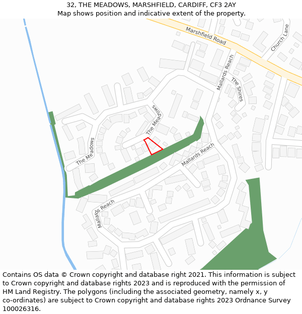 32, THE MEADOWS, MARSHFIELD, CARDIFF, CF3 2AY: Location map and indicative extent of plot