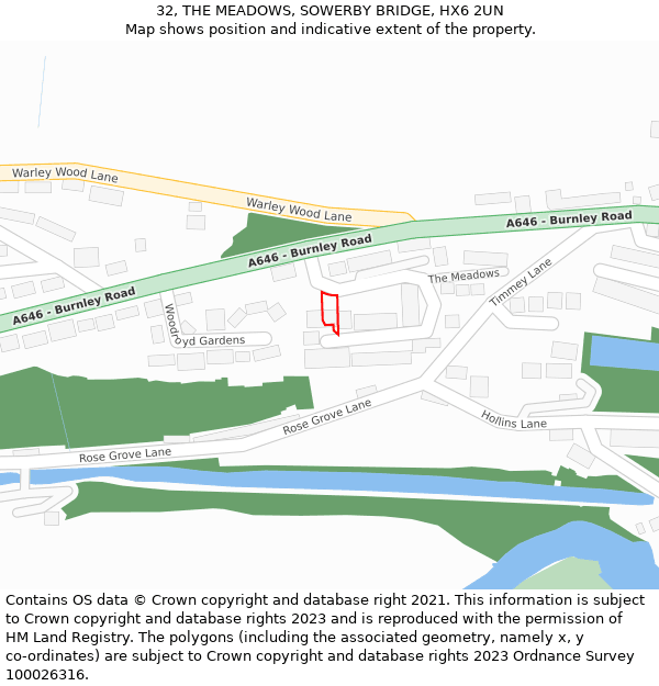 32, THE MEADOWS, SOWERBY BRIDGE, HX6 2UN: Location map and indicative extent of plot