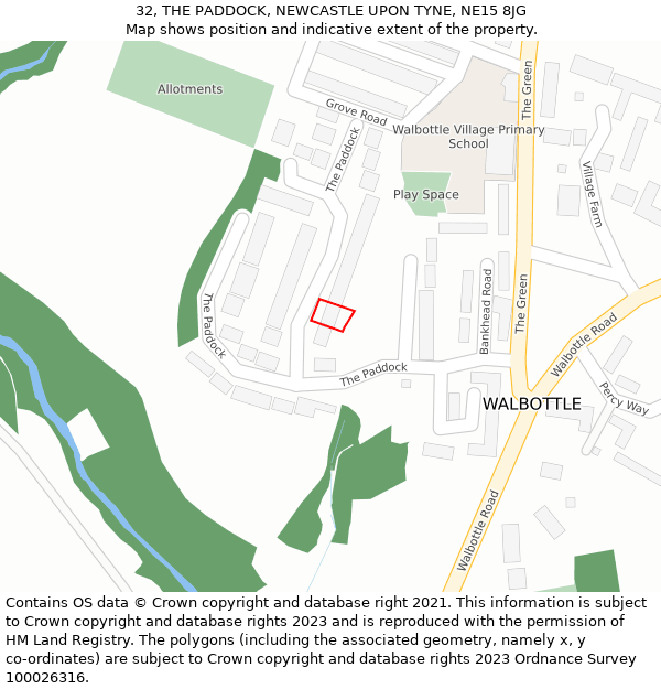 32, THE PADDOCK, NEWCASTLE UPON TYNE, NE15 8JG: Location map and indicative extent of plot