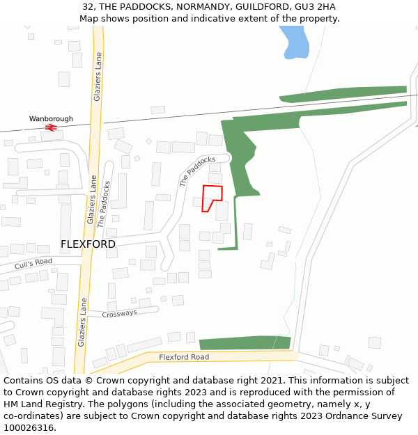 32, THE PADDOCKS, NORMANDY, GUILDFORD, GU3 2HA: Location map and indicative extent of plot