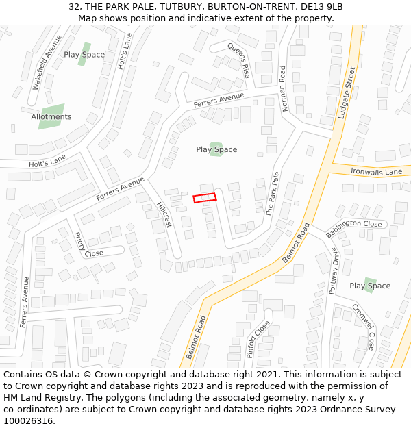 32, THE PARK PALE, TUTBURY, BURTON-ON-TRENT, DE13 9LB: Location map and indicative extent of plot