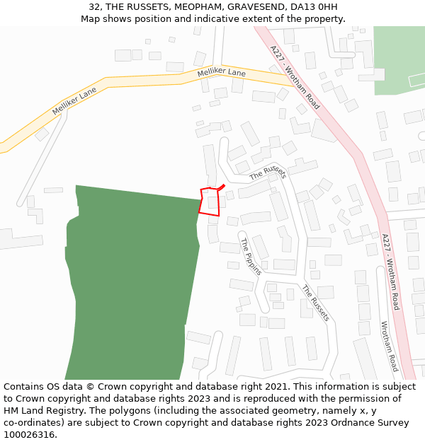 32, THE RUSSETS, MEOPHAM, GRAVESEND, DA13 0HH: Location map and indicative extent of plot