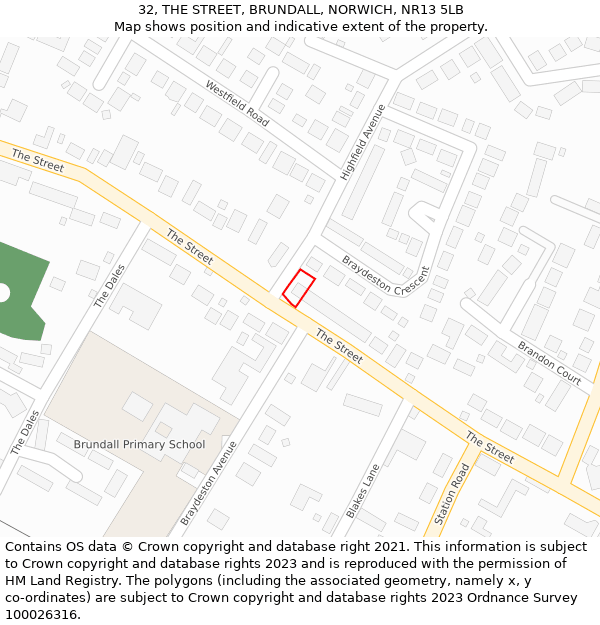 32, THE STREET, BRUNDALL, NORWICH, NR13 5LB: Location map and indicative extent of plot