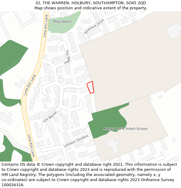 32, THE WARREN, HOLBURY, SOUTHAMPTON, SO45 2QD: Location map and indicative extent of plot