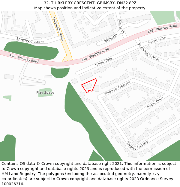 32, THIRKLEBY CRESCENT, GRIMSBY, DN32 8PZ: Location map and indicative extent of plot