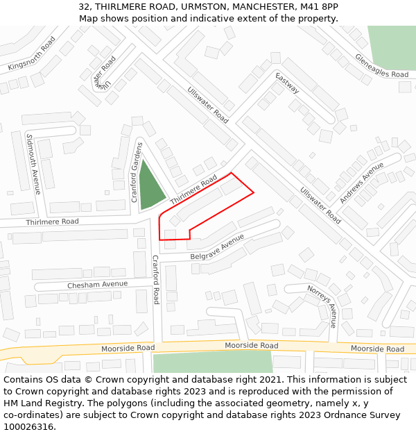 32, THIRLMERE ROAD, URMSTON, MANCHESTER, M41 8PP: Location map and indicative extent of plot