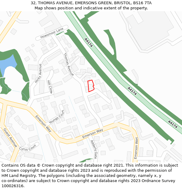 32, THOMAS AVENUE, EMERSONS GREEN, BRISTOL, BS16 7TA: Location map and indicative extent of plot