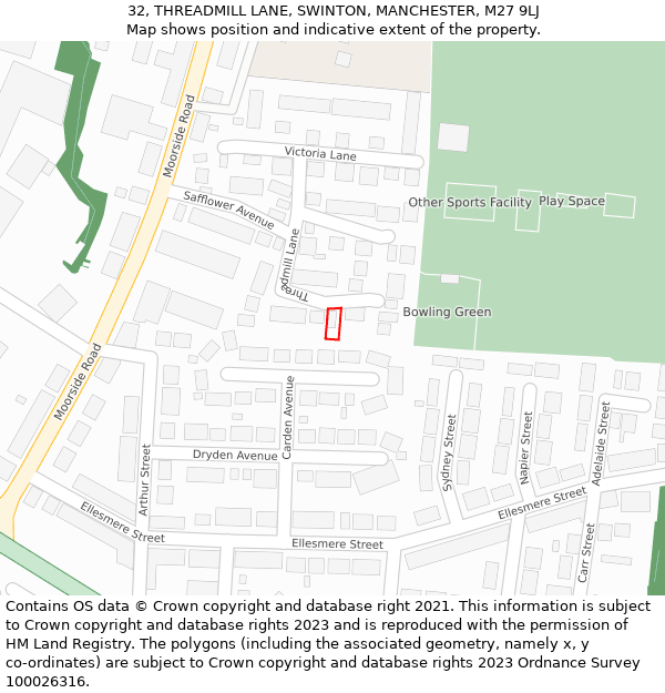 32, THREADMILL LANE, SWINTON, MANCHESTER, M27 9LJ: Location map and indicative extent of plot