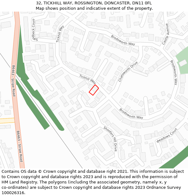 32, TICKHILL WAY, ROSSINGTON, DONCASTER, DN11 0FL: Location map and indicative extent of plot