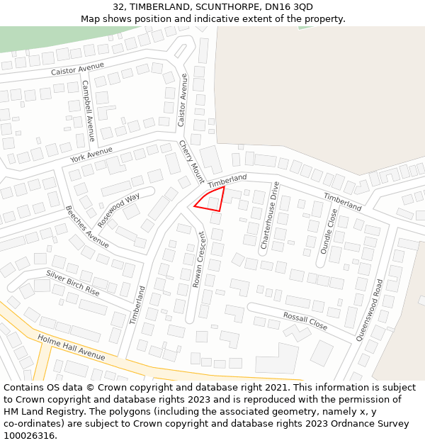 32, TIMBERLAND, SCUNTHORPE, DN16 3QD: Location map and indicative extent of plot