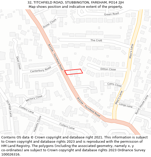 32, TITCHFIELD ROAD, STUBBINGTON, FAREHAM, PO14 2JH: Location map and indicative extent of plot