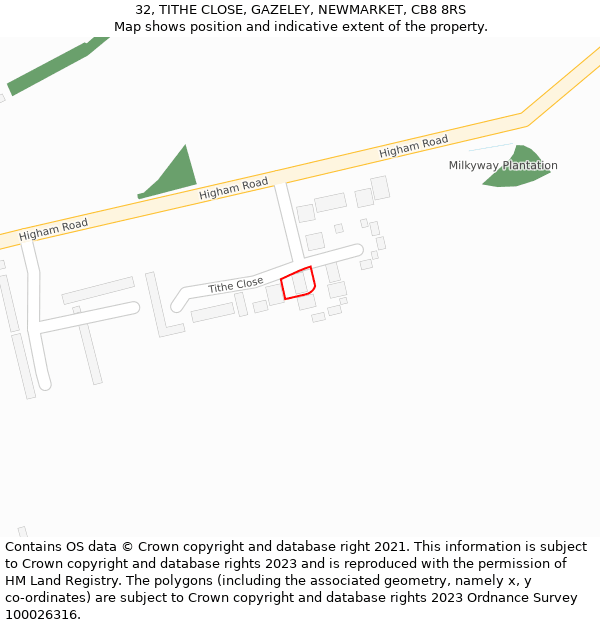 32, TITHE CLOSE, GAZELEY, NEWMARKET, CB8 8RS: Location map and indicative extent of plot