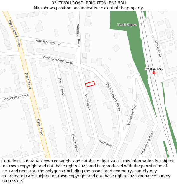 32, TIVOLI ROAD, BRIGHTON, BN1 5BH: Location map and indicative extent of plot