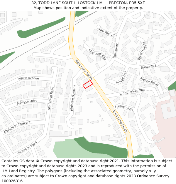 32, TODD LANE SOUTH, LOSTOCK HALL, PRESTON, PR5 5XE: Location map and indicative extent of plot