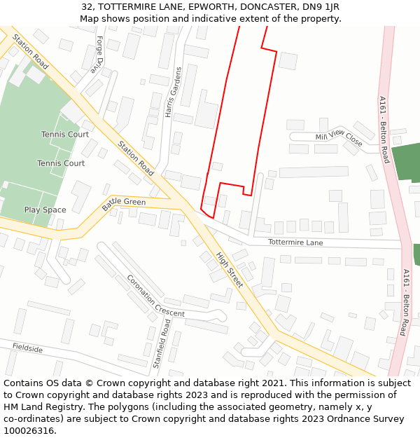 32, TOTTERMIRE LANE, EPWORTH, DONCASTER, DN9 1JR: Location map and indicative extent of plot