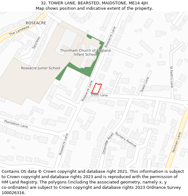 32, TOWER LANE, BEARSTED, MAIDSTONE, ME14 4JH: Location map and indicative extent of plot