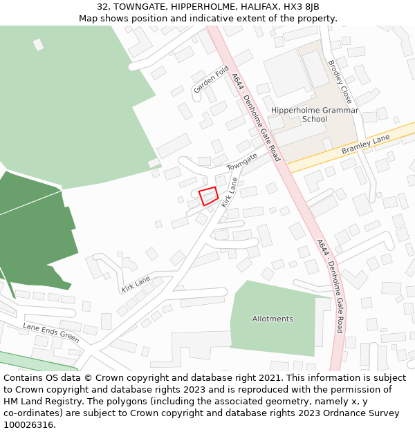32, TOWNGATE, HIPPERHOLME, HALIFAX, HX3 8JB: Location map and indicative extent of plot