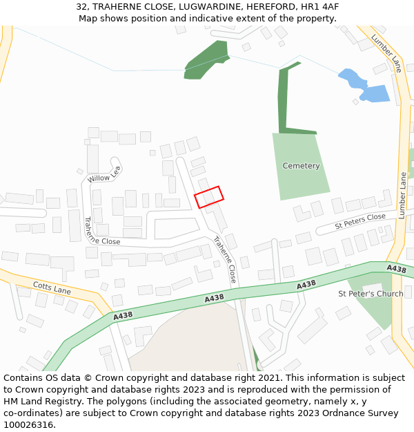 32, TRAHERNE CLOSE, LUGWARDINE, HEREFORD, HR1 4AF: Location map and indicative extent of plot