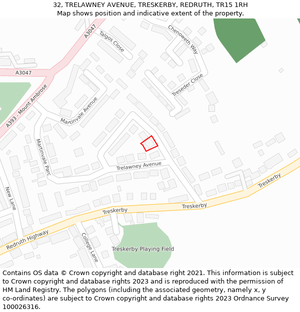 32, TRELAWNEY AVENUE, TRESKERBY, REDRUTH, TR15 1RH: Location map and indicative extent of plot