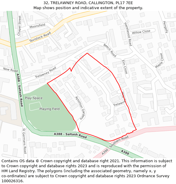 32, TRELAWNEY ROAD, CALLINGTON, PL17 7EE: Location map and indicative extent of plot