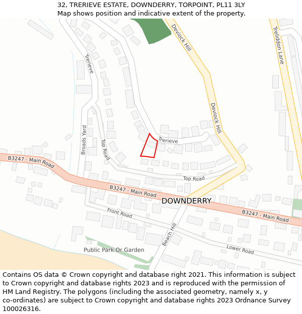 32, TRERIEVE ESTATE, DOWNDERRY, TORPOINT, PL11 3LY: Location map and indicative extent of plot