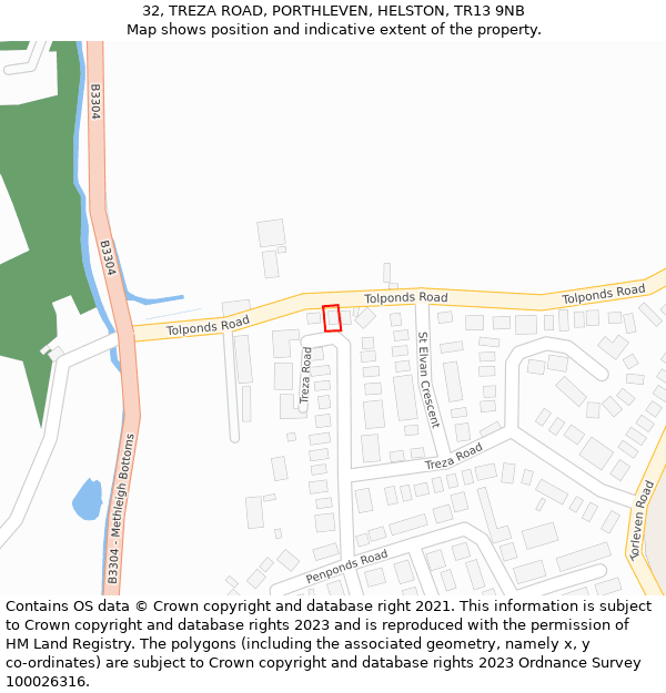 32, TREZA ROAD, PORTHLEVEN, HELSTON, TR13 9NB: Location map and indicative extent of plot