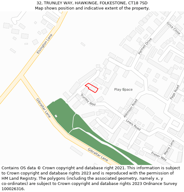 32, TRUNLEY WAY, HAWKINGE, FOLKESTONE, CT18 7SD: Location map and indicative extent of plot