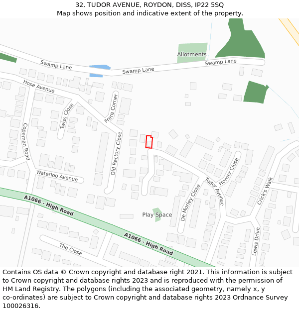 32, TUDOR AVENUE, ROYDON, DISS, IP22 5SQ: Location map and indicative extent of plot