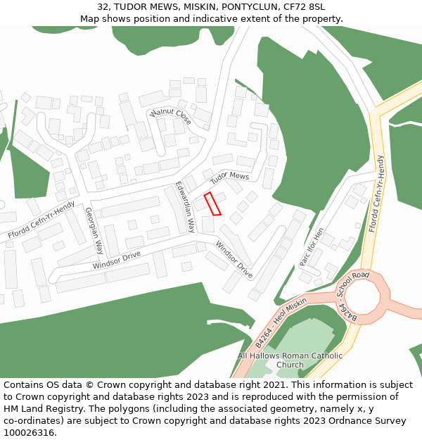 32, TUDOR MEWS, MISKIN, PONTYCLUN, CF72 8SL: Location map and indicative extent of plot