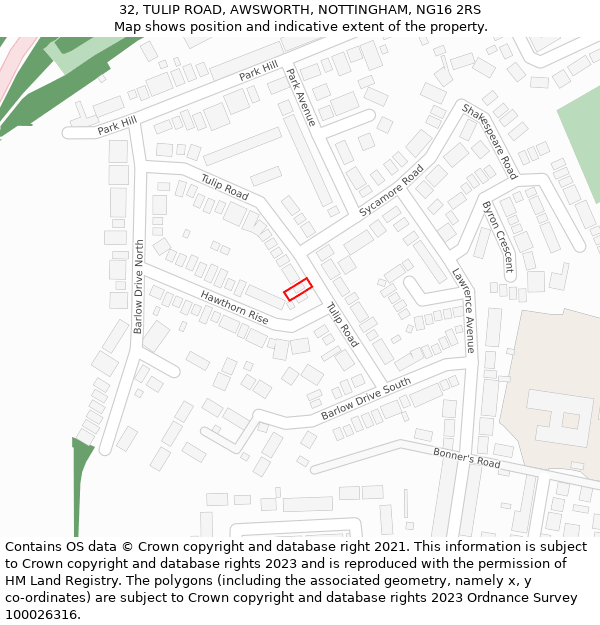 32, TULIP ROAD, AWSWORTH, NOTTINGHAM, NG16 2RS: Location map and indicative extent of plot