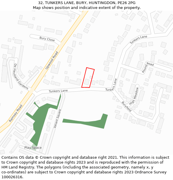 32, TUNKERS LANE, BURY, HUNTINGDON, PE26 2PG: Location map and indicative extent of plot