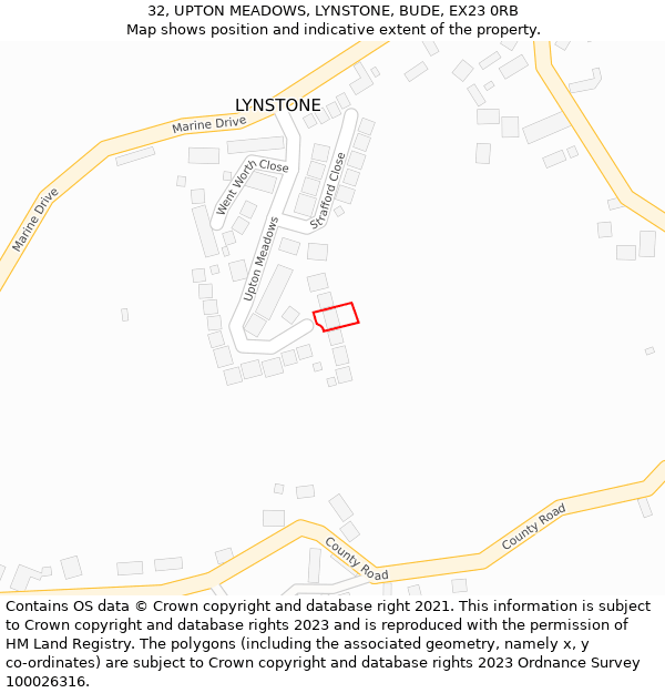 32, UPTON MEADOWS, LYNSTONE, BUDE, EX23 0RB: Location map and indicative extent of plot