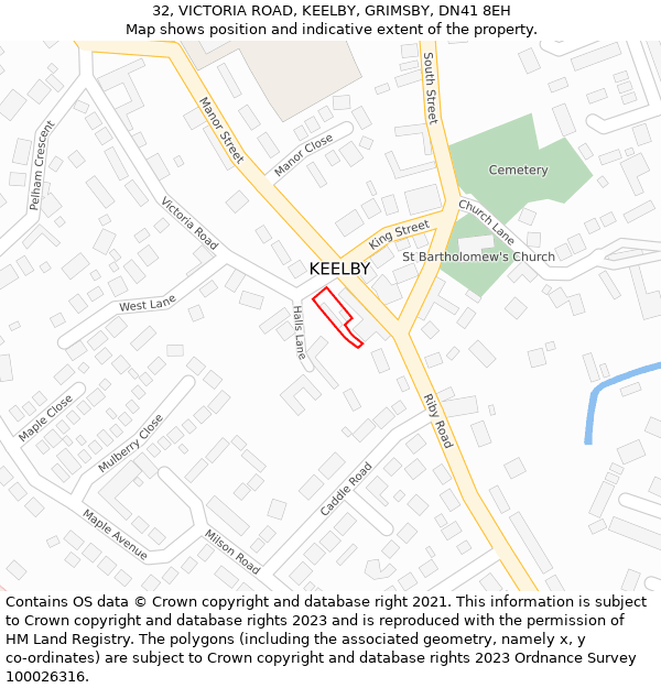 32, VICTORIA ROAD, KEELBY, GRIMSBY, DN41 8EH: Location map and indicative extent of plot