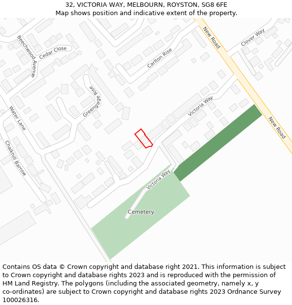 32, VICTORIA WAY, MELBOURN, ROYSTON, SG8 6FE: Location map and indicative extent of plot