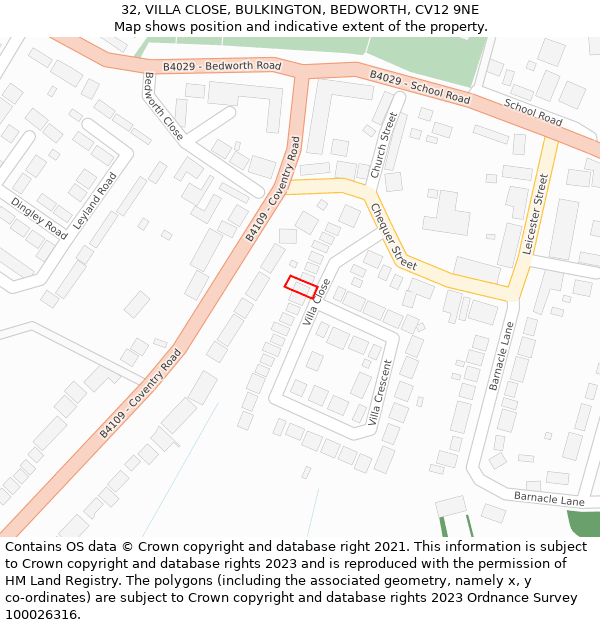 32, VILLA CLOSE, BULKINGTON, BEDWORTH, CV12 9NE: Location map and indicative extent of plot