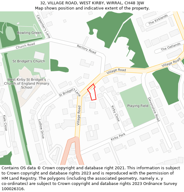 32, VILLAGE ROAD, WEST KIRBY, WIRRAL, CH48 3JW: Location map and indicative extent of plot