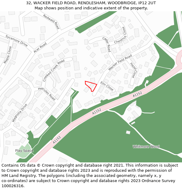 32, WACKER FIELD ROAD, RENDLESHAM, WOODBRIDGE, IP12 2UT: Location map and indicative extent of plot