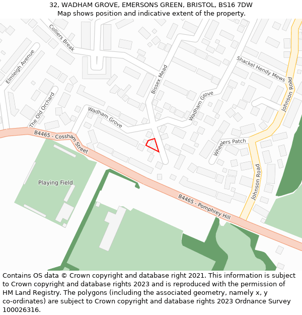 32, WADHAM GROVE, EMERSONS GREEN, BRISTOL, BS16 7DW: Location map and indicative extent of plot