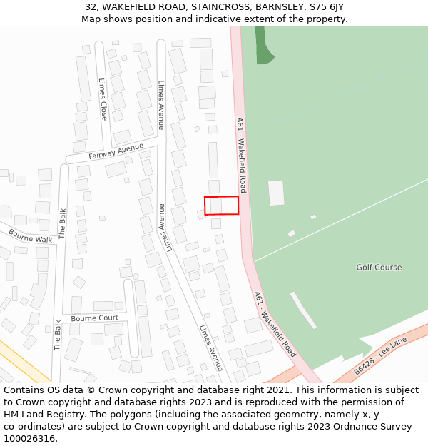 32, WAKEFIELD ROAD, STAINCROSS, BARNSLEY, S75 6JY: Location map and indicative extent of plot