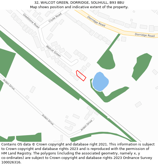 32, WALCOT GREEN, DORRIDGE, SOLIHULL, B93 8BU: Location map and indicative extent of plot