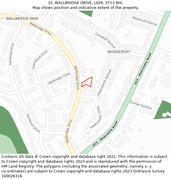 32, WALLBRIDGE DRIVE, LEEK, ST13 8HL: Location map and indicative extent of plot