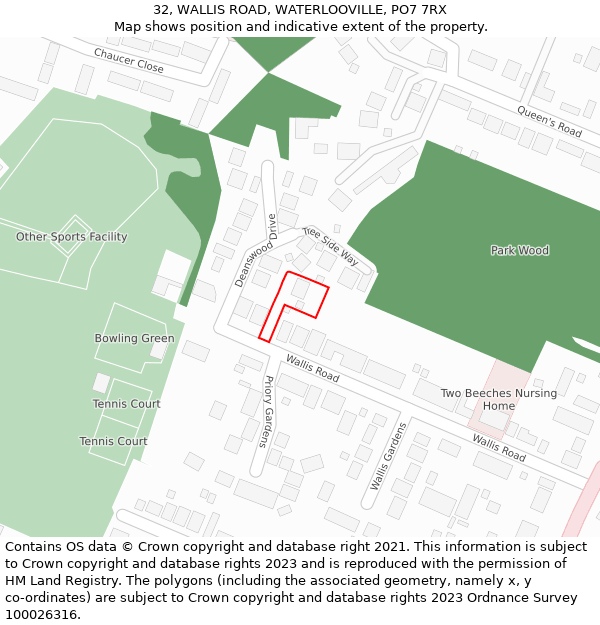 32, WALLIS ROAD, WATERLOOVILLE, PO7 7RX: Location map and indicative extent of plot