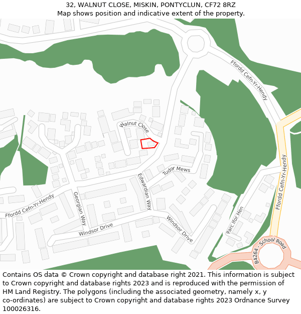 32, WALNUT CLOSE, MISKIN, PONTYCLUN, CF72 8RZ: Location map and indicative extent of plot