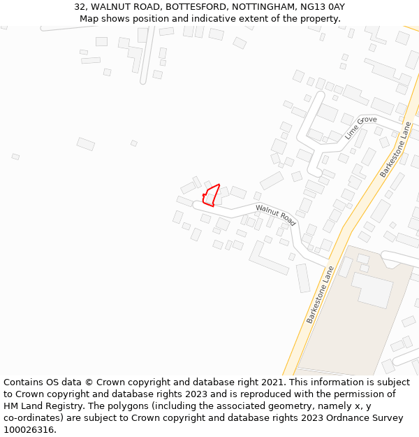 32, WALNUT ROAD, BOTTESFORD, NOTTINGHAM, NG13 0AY: Location map and indicative extent of plot